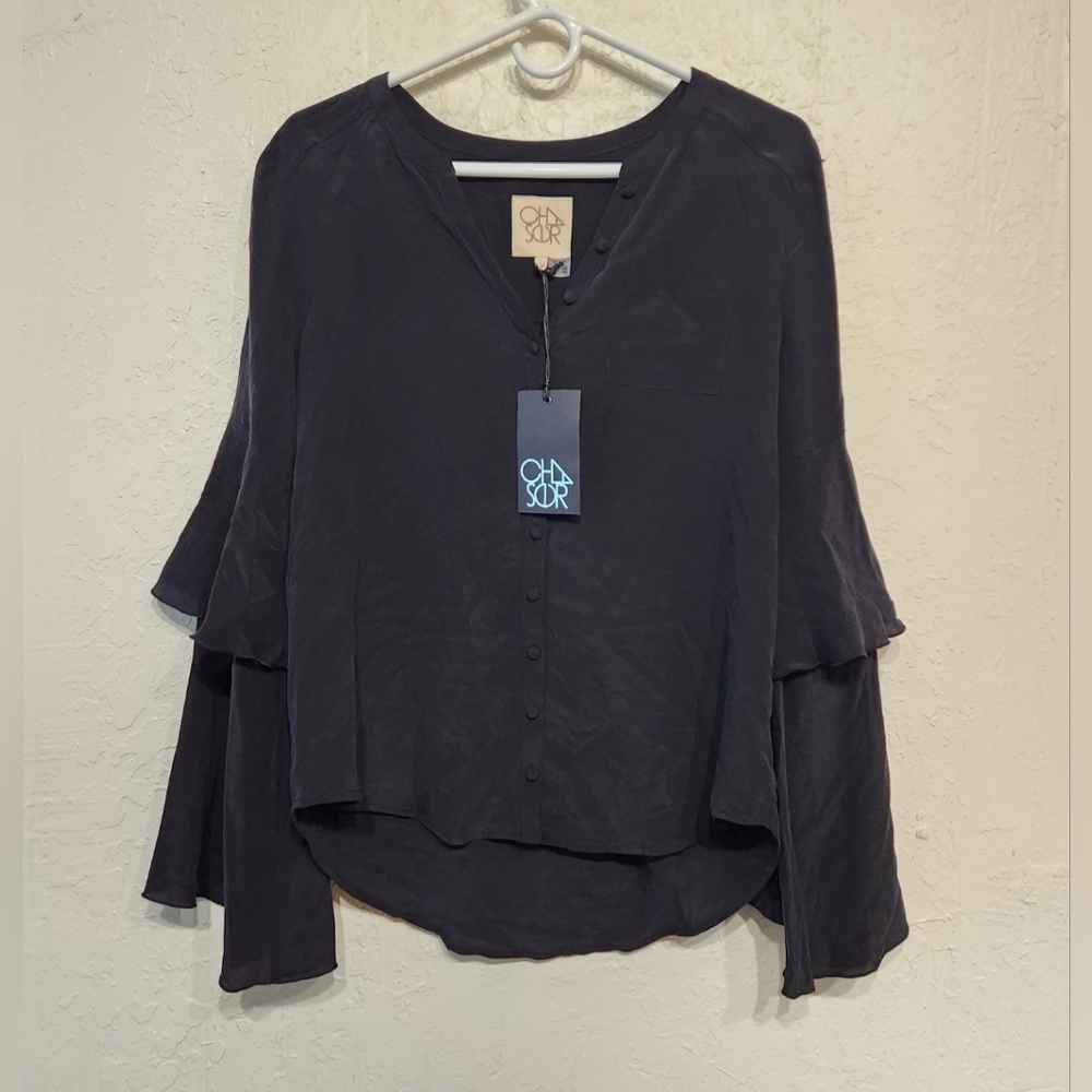 Chaser Silk Ruffle Tiered Sleeve Blouse in True Black Size Medium
